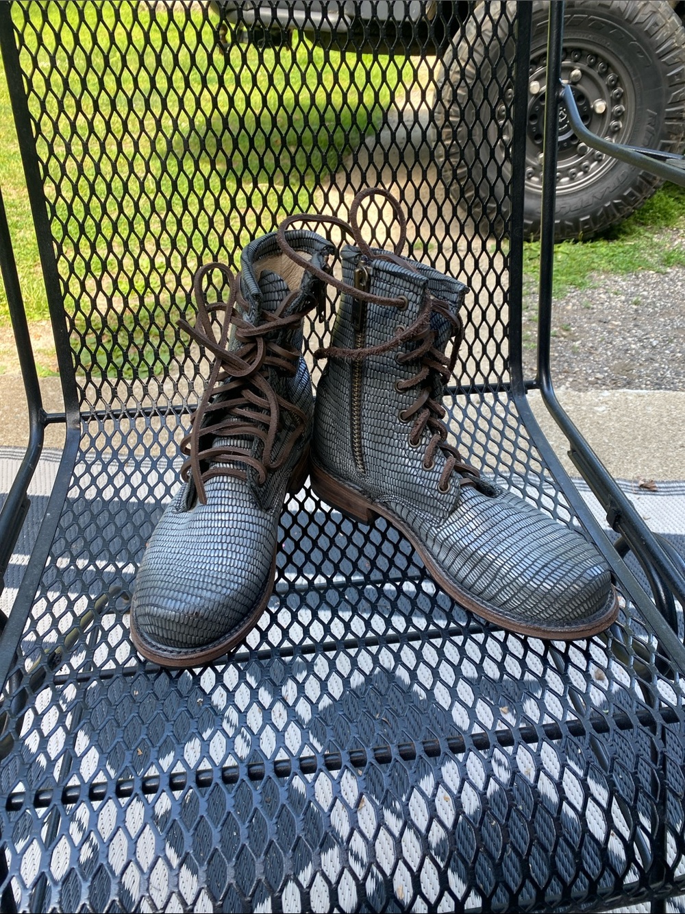 Freebird by Steven Blue ManchesteTextured Lace-Up Ankle Boots with Brown Accents